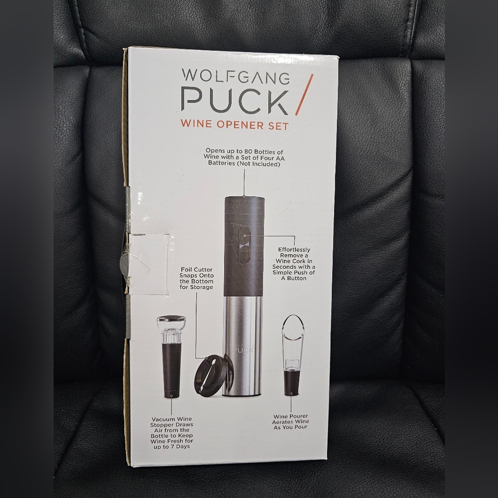 NIB Wolfgang Puck Silver Wine Opener Set